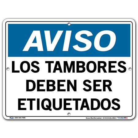 Vestil Aluminum Sign, 9-1/2" Height, 12-1/2" Width, Aluminum, Rectangle, Spanish SI-N-63-B-AL-080-S
